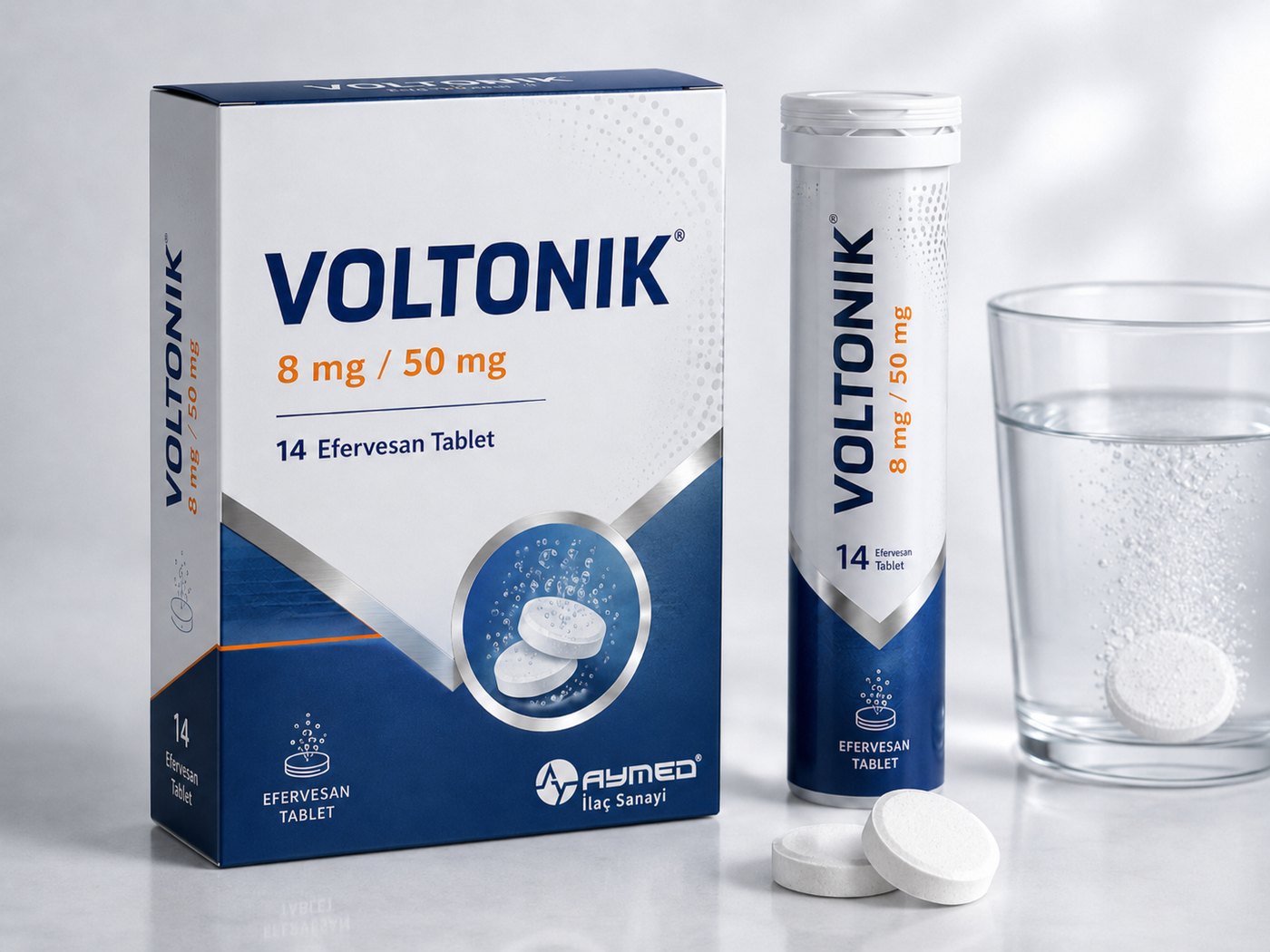 Voltonik 8 mg / 50 mg efervesan tablet: karton kutu ve tüp ambalaj